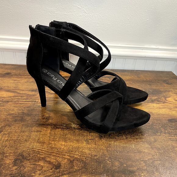 City Chic US 11 EU 42 Heels Justine Black Strappy NEW 3.75" Faux Suede Evening - Picture 4 of 9